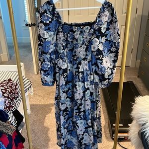 Jcrew Blue and white floral dress with smocked too and puff sleeves